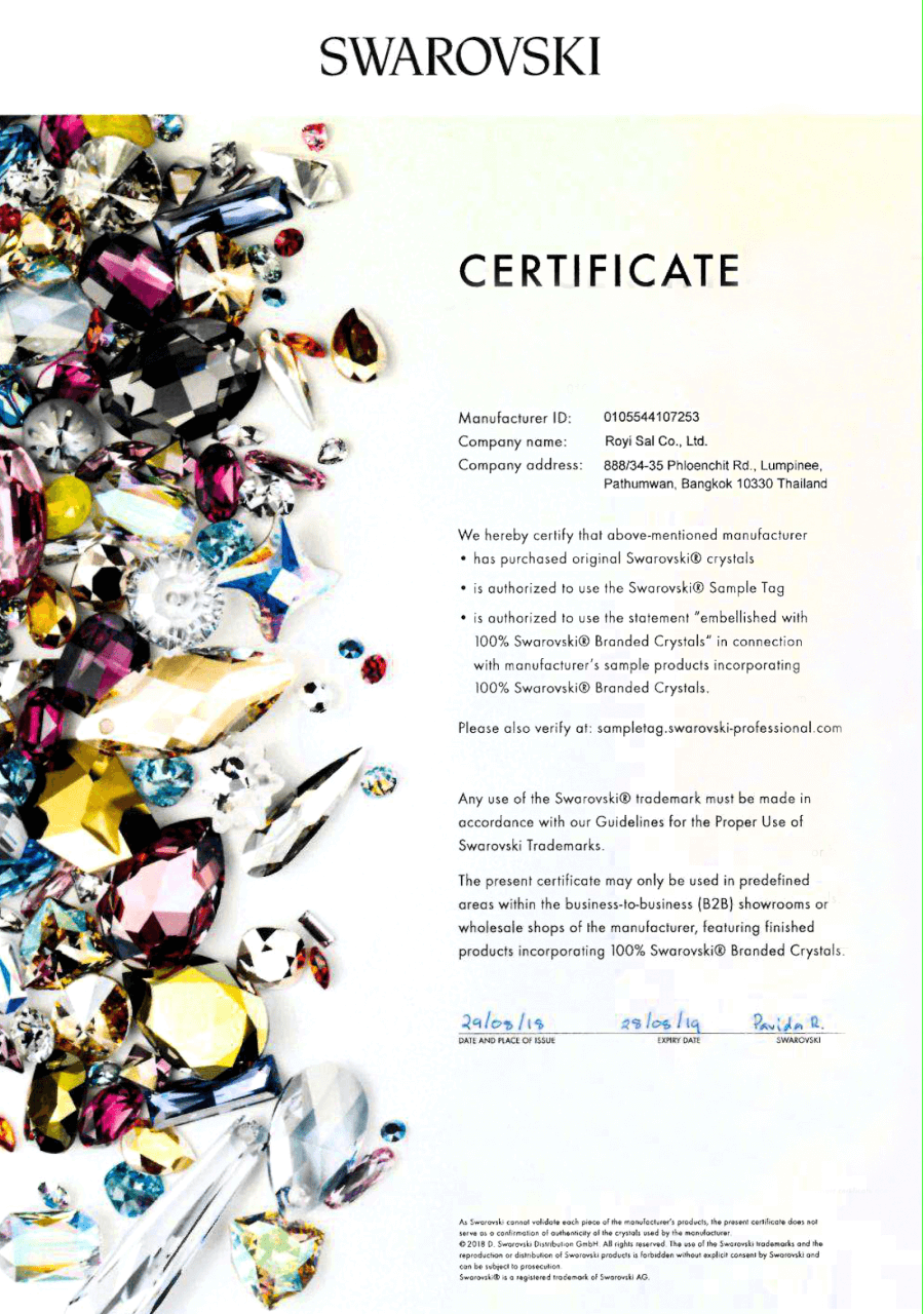 Swarovski® Manufacturing Partner Certificate