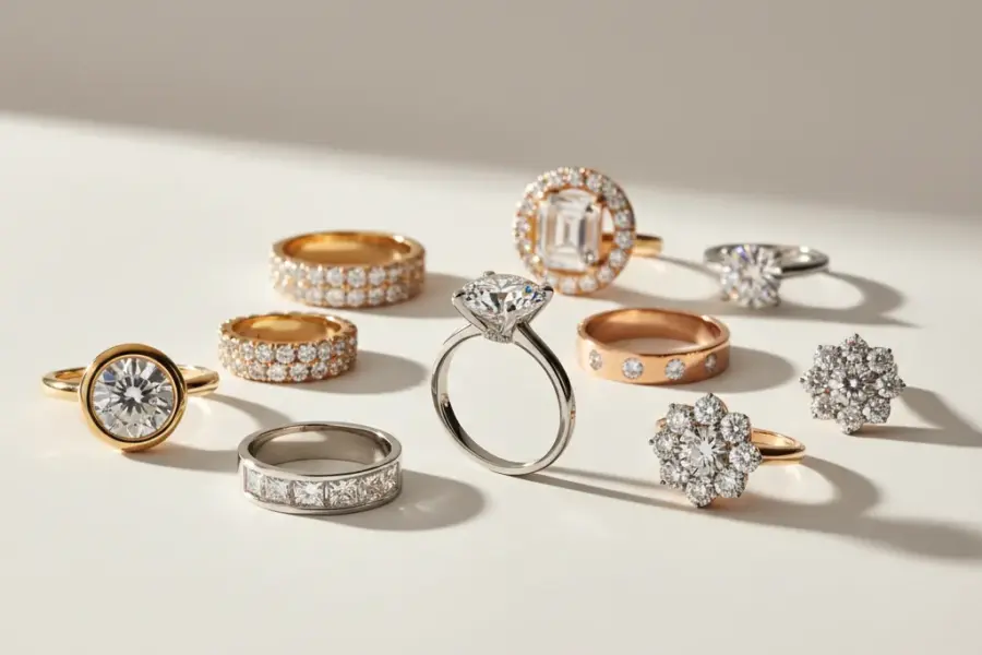 8 brilliant classification of stone settings shown in a premium editorial jewelry arrangement for wholesale design planning