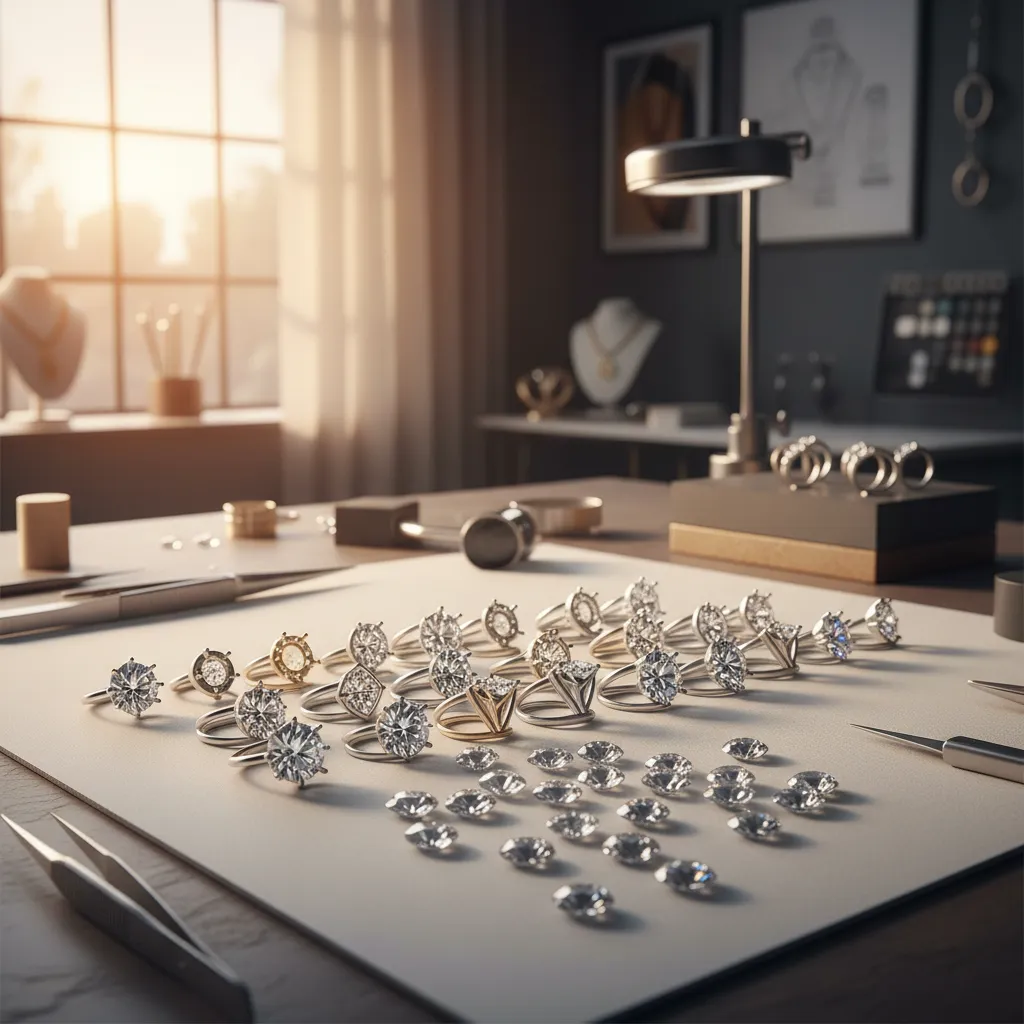 8 brilliant classification of stone settings represented in a wholesale jewelry development and quality control workspace