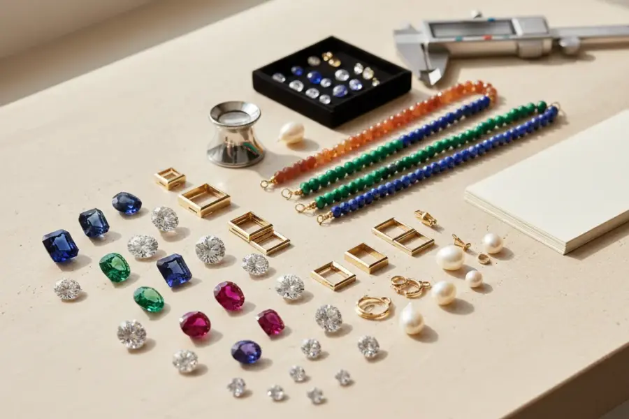 Gemstone terms for starters guide with loose gemstones, gemstone beads, and jewelry sourcing tools in a premium editorial layout