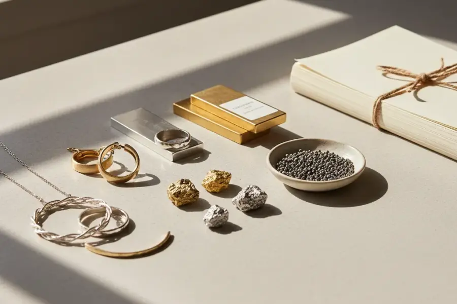 Eco friendly metals for your jewelry business shown with premium jewelry samples, raw metal materials, and sourcing documents