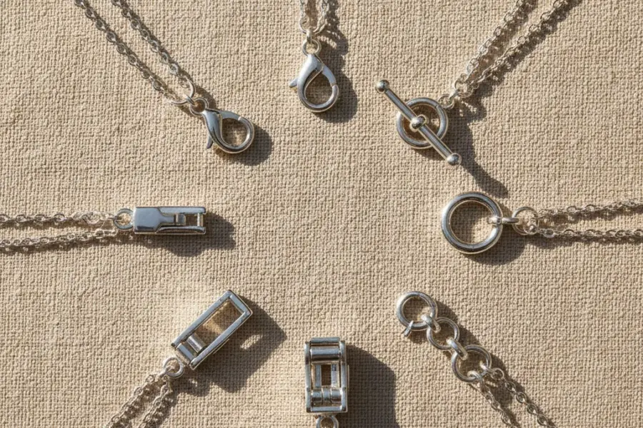 8 best types of jewelry clasps displayed in a premium sterling silver flat lay for necklaces and bracelets
