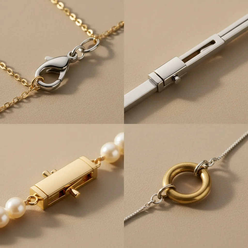 Lobster clasps and other secure clasps for necklaces shown in a side by side jewelry clasp comparison