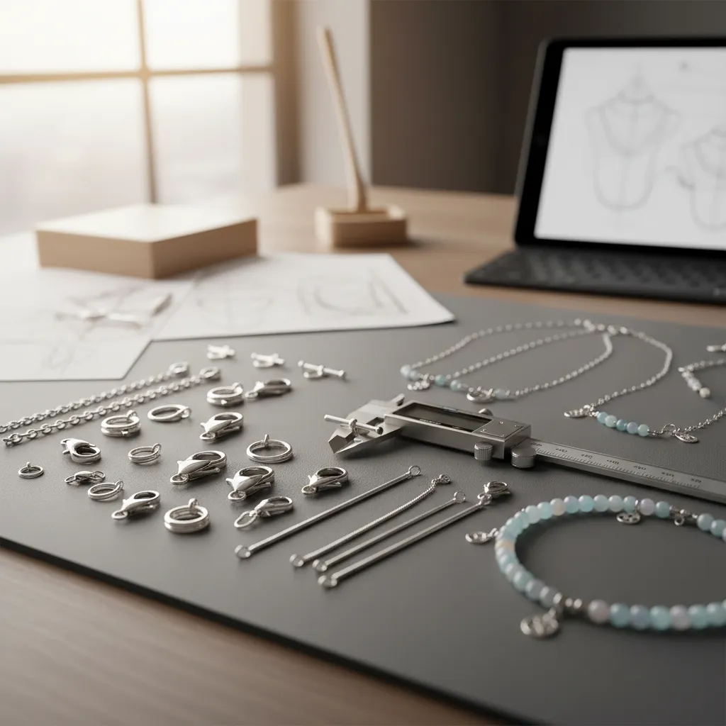 Jewelry findings clasps and chain prototypes in a professional workspace for selecting the best types of jewelry clasps