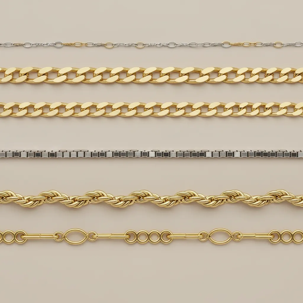 Best jewelry chain styles shown side by side for comparison including cable curb box rope and figaro necklace chain designs