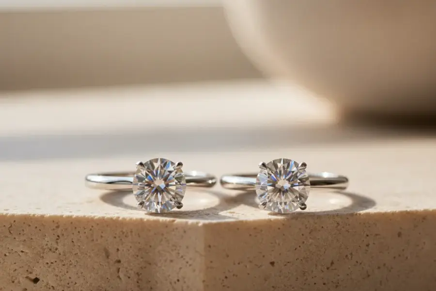 5 difference between moissanite diamond shown through a premium side by side comparison of moissanite and diamond rings
