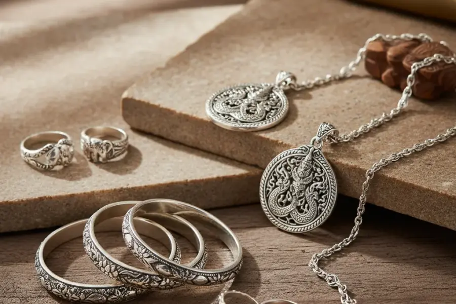 A sterling legacy the history of Thai silver jewelry shown through premium handcrafted sterling silver jewelry in an editorial heritage-inspired composition