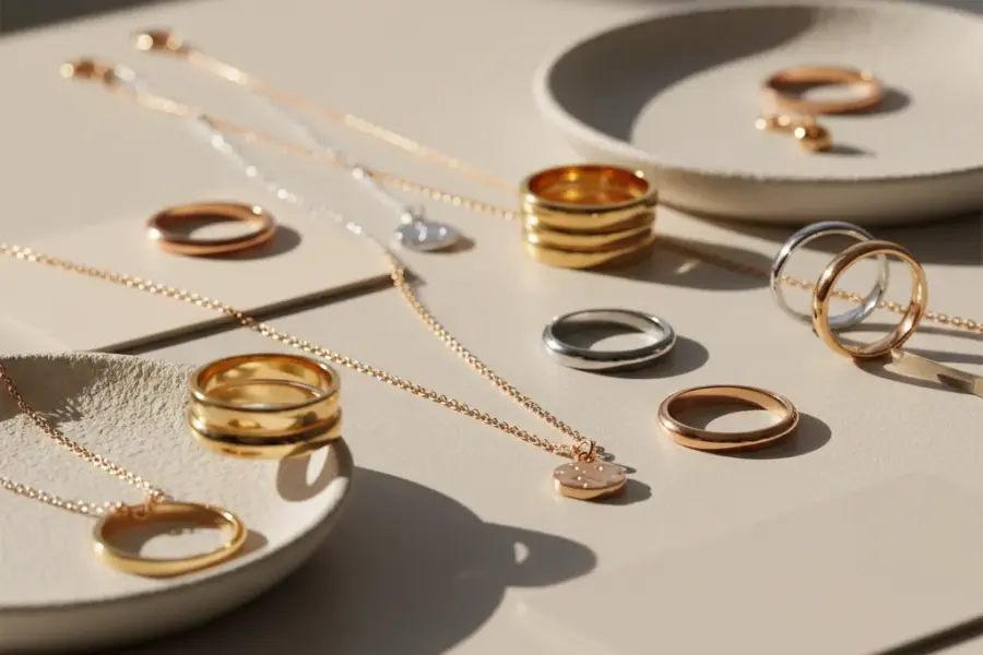Outward beauty jewelry precious metal plating shown in a premium editorial display of plated jewelry samples for B2B sourcing evaluation