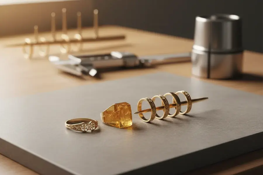 The jewelry casting process lost wax casting shown with wax model, prototype, and finished jewelry in a luxury workshop