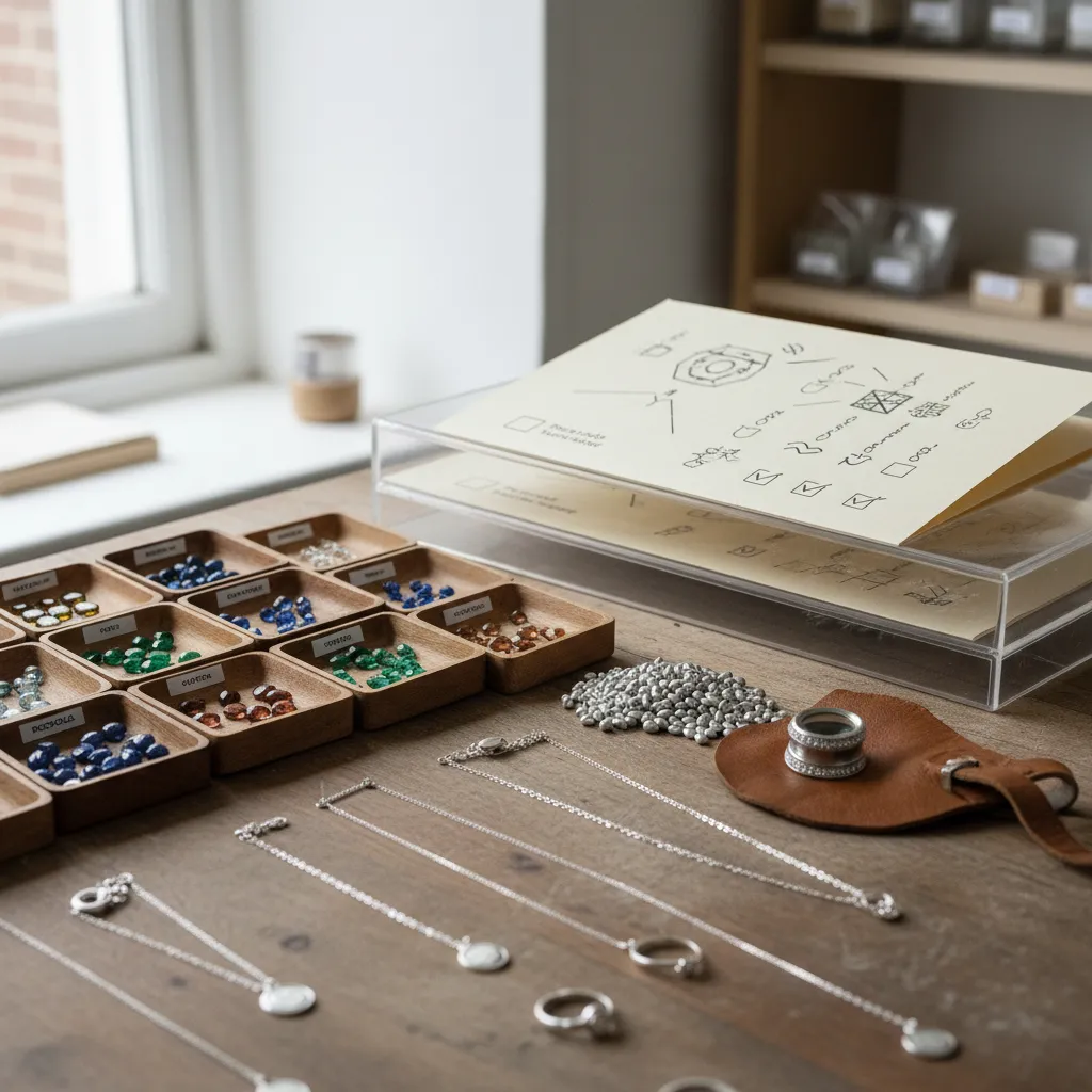 Ethical jewelry sourcing workspace with traceability materials and premium jewelry sample