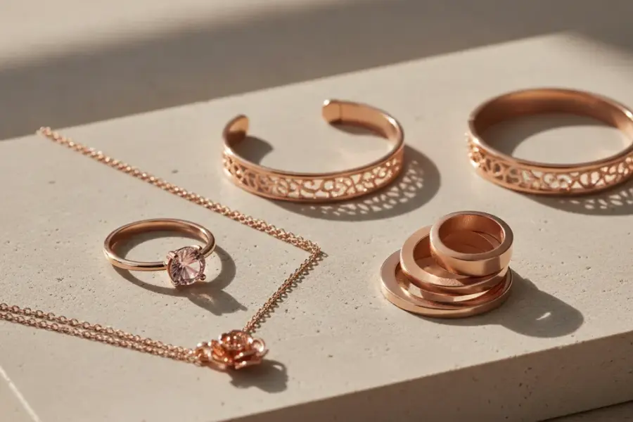 What is rose gold and why is it so popular shown through premium rose gold jewelry arranged in a luxury editorial flat lay