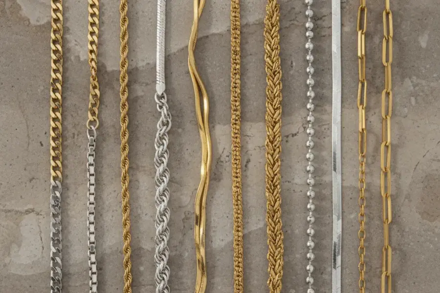 10 different types of necklace chains displayed in a premium comparison layout for jewelry assortment planning