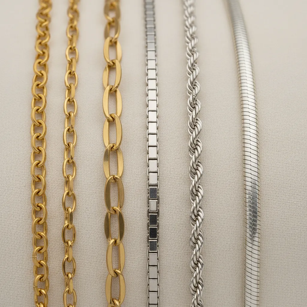 10 different types of necklace chains shown in close-up to compare link structure and finish quality