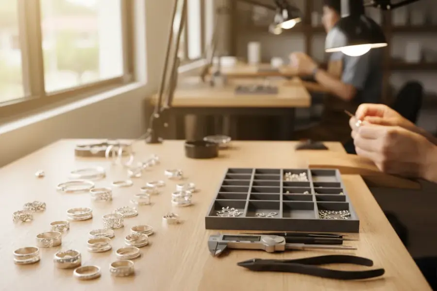 Craftsmanship jewelry in Thailand shown in a premium workshop with silver jewelry samples and quality control tools