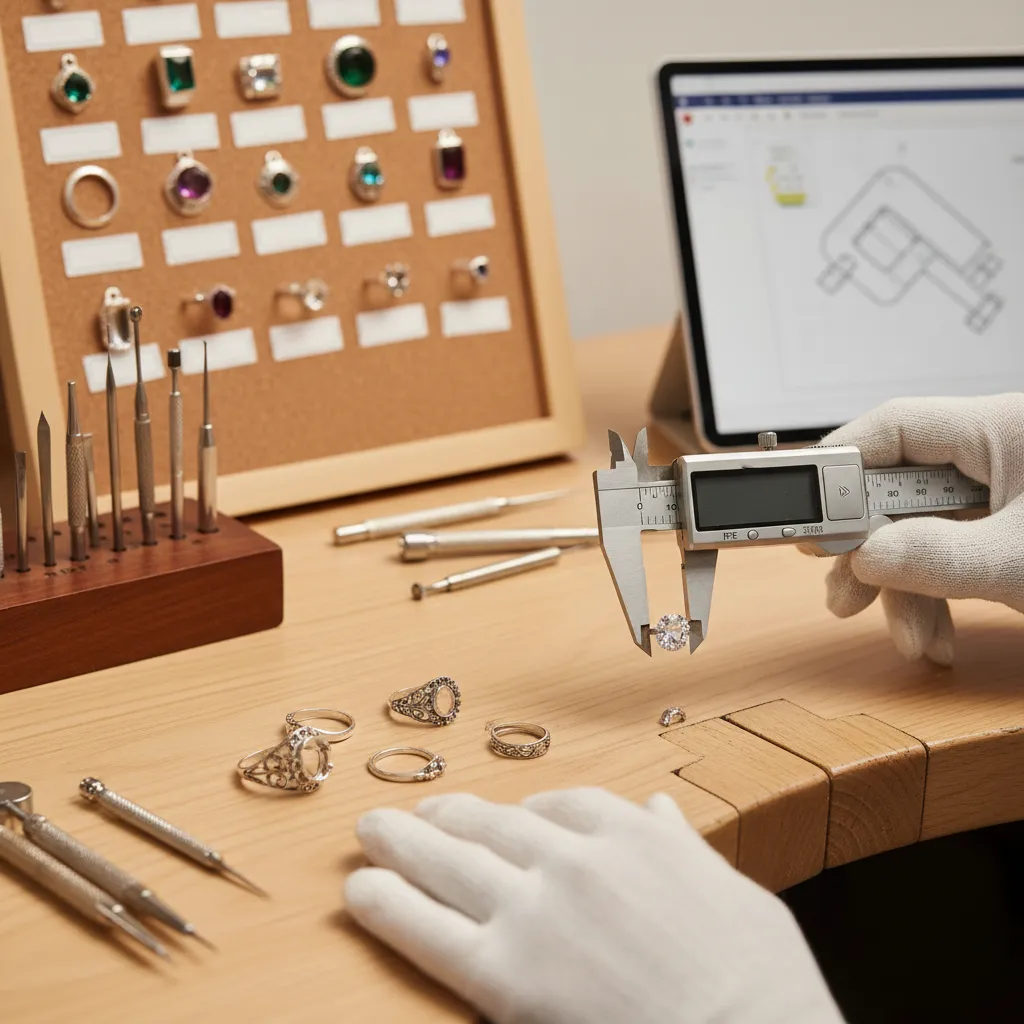 Jewelry wholesale Thailand quality control process with silver jewelry inspection tools and precision checking