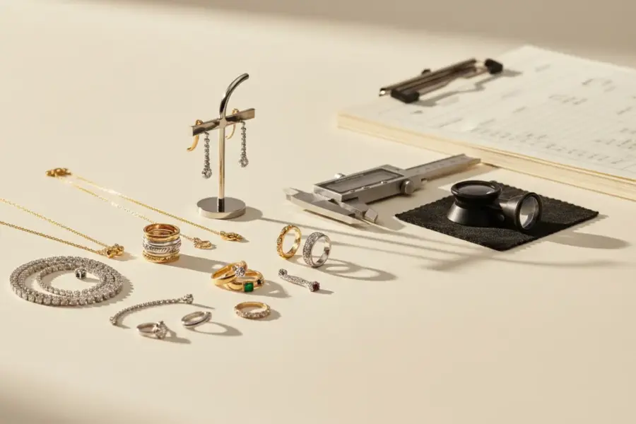 Quality standards in the world for the jewelry industry shown through premium jewelry and inspection tools in a luxury studio setting