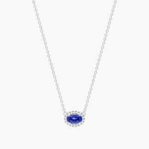White Gold East-West Set Oval Halo Sapphire And Diamond Necklace