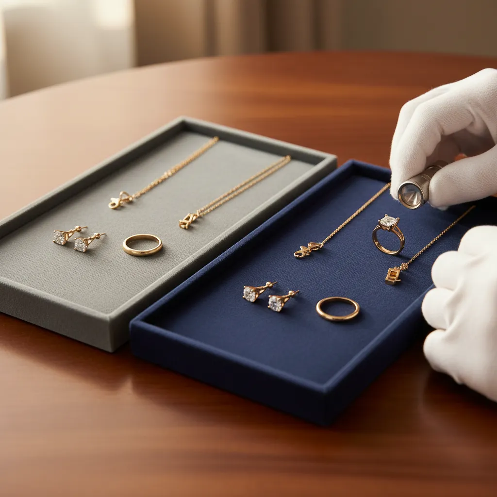 Jewelry manufacturer quality comparison with sample trays showing craftsmanship, finish, and consistenc