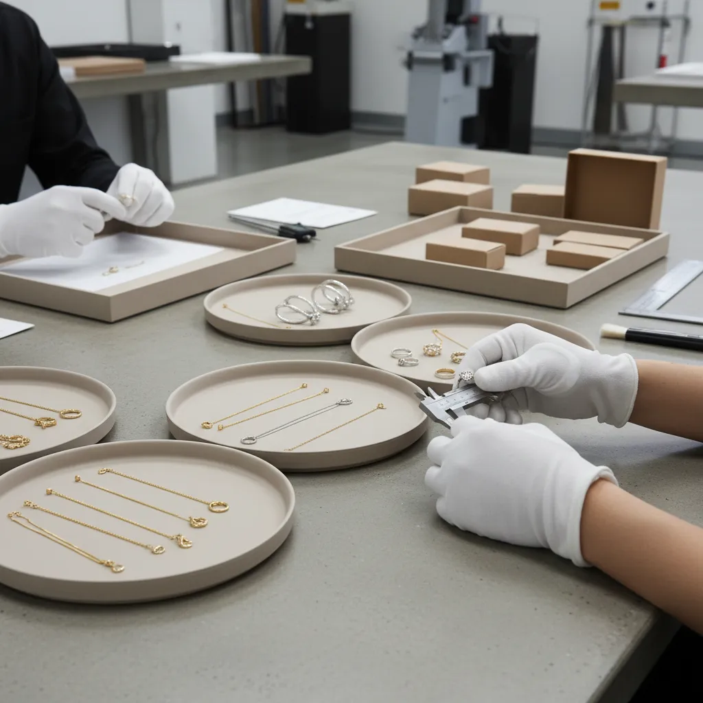 Jewelry manufacturer QC sample review with inspection tools and pre-production approval process
