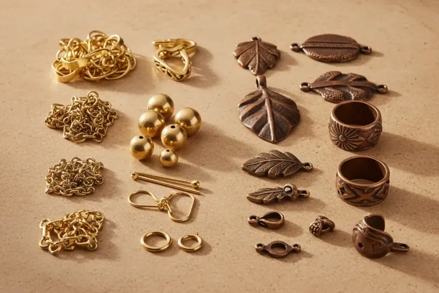 Brass vs bronze jewelry materials comparison with brass beads and bronze components for manufacturing decisions