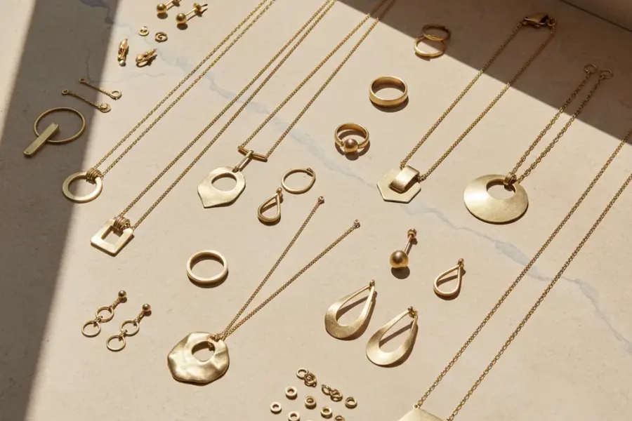5 benefits brass jewelry shown in a premium editorial flat lay of brass jewelry pieces for brand and wholesale collection planning