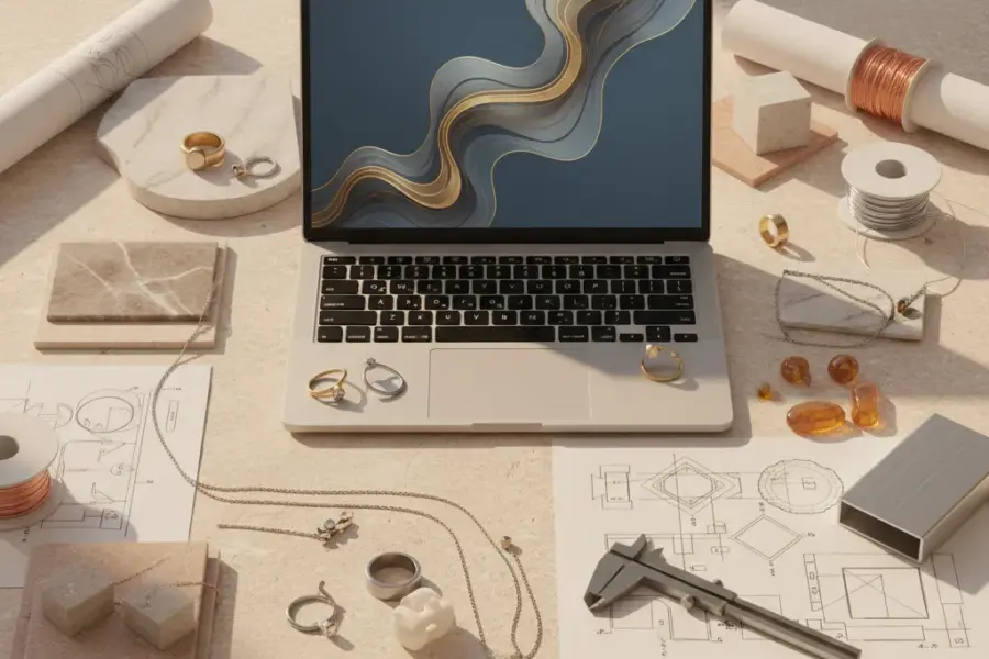 How get most out your jewelry manufacturing relationship shown through a luxury jewelry development workspace with prototypes, tools, and production planning elements
