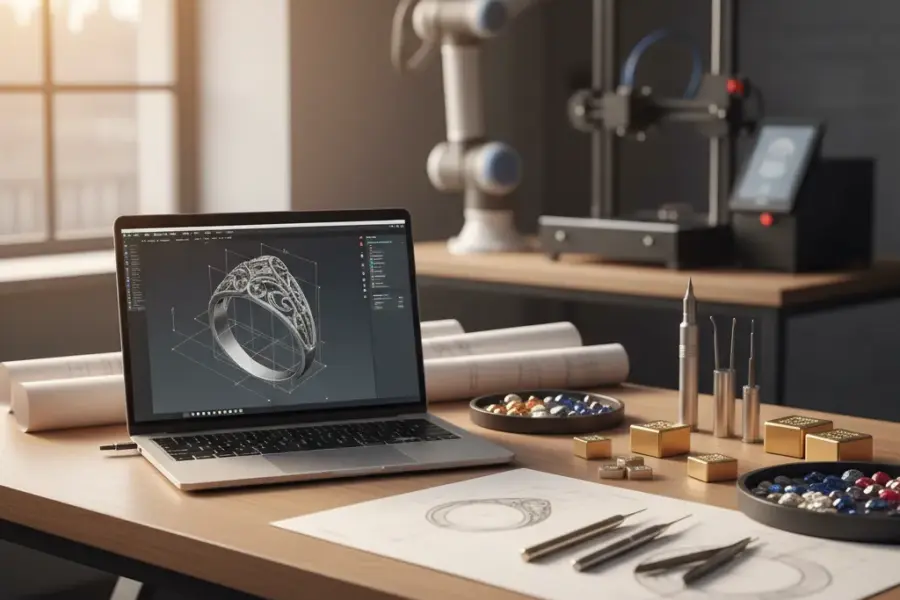 The impact technology the jewelry manufacturing industry shown through a modern jewelry design and production workspace with CAD model, tools, and samples