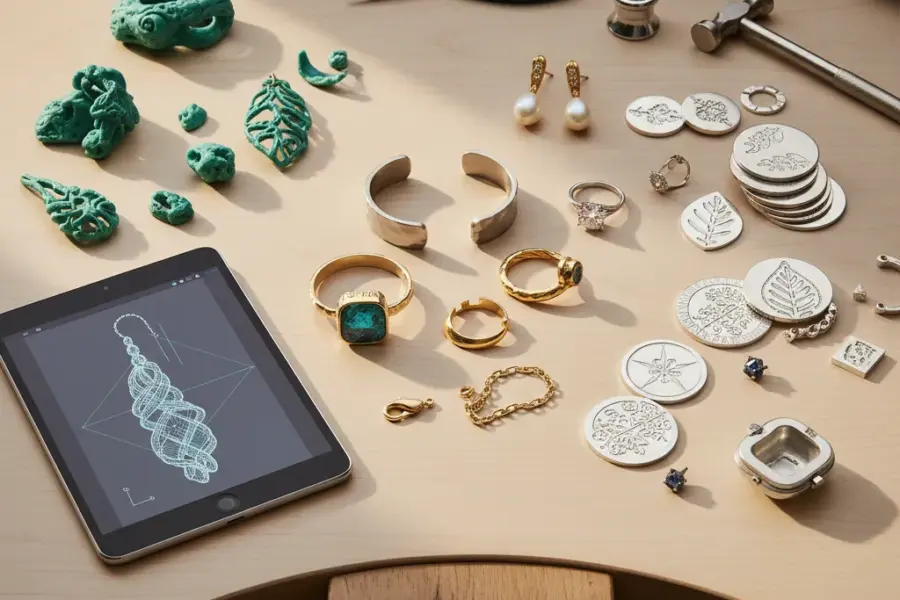 The most popular jewelry manufacturing techniques shown in a premium editorial comparison of casting, CAD, hand fabrication, stamping, and assembly