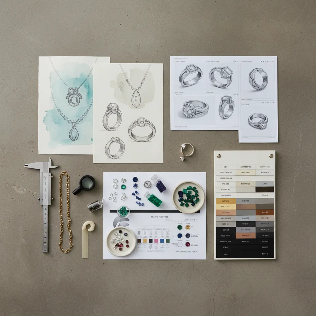 OEM ODM jewelry manufacturing project materials including sketches CAD references prototypes and jewelry quality tools