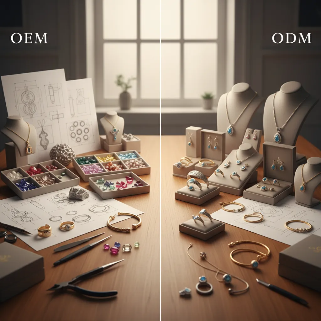OEM vs ODM jewelry manufacturing comparison showing custom development tools and ready-to-adapt jewelry collection