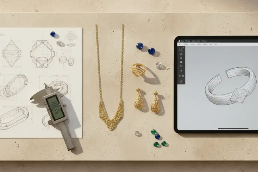 Design tips enhancing jewelry brand OEM partner with jewelry prototypes, sketches, and 3D review tools in a premium studio setting