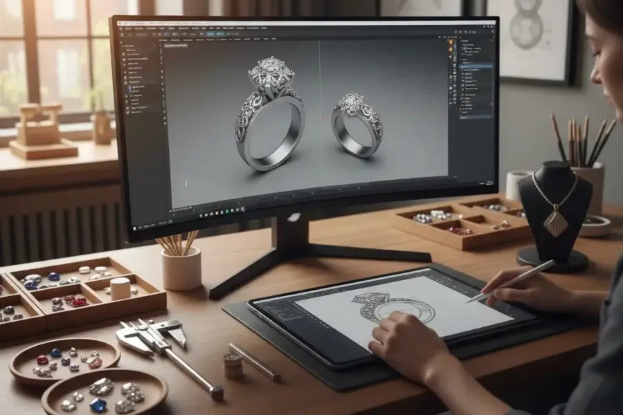 3d cad jewelry design jobs workspace showing CAD modeling, jewelry sketches, and production tools for custom jewelry design