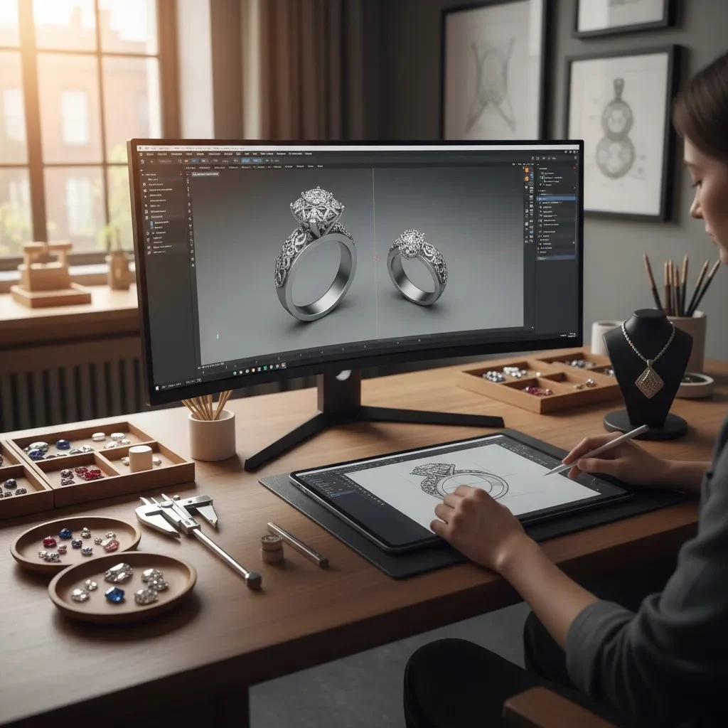 3d cad jewelry design jobs workspace showing CAD modeling, jewelry sketches, and production tools for custom jewelry design