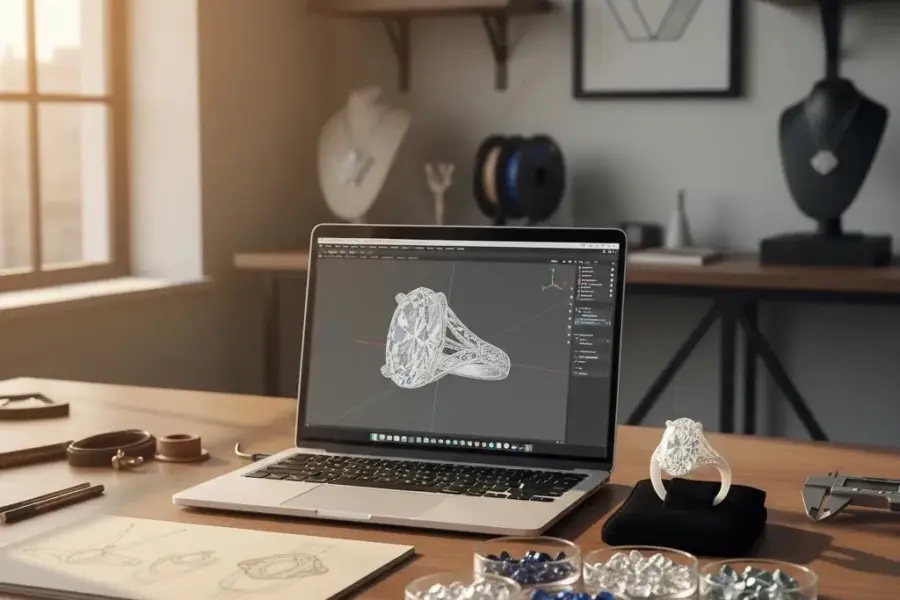 3d jewelry design classes workspace with CAD model and jewelry prototype for brand training