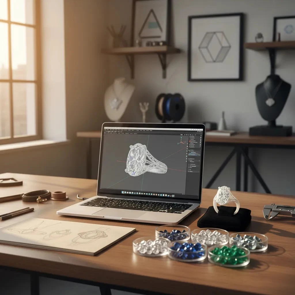 3d jewelry design classes workspace with CAD model and jewelry prototype for brand training