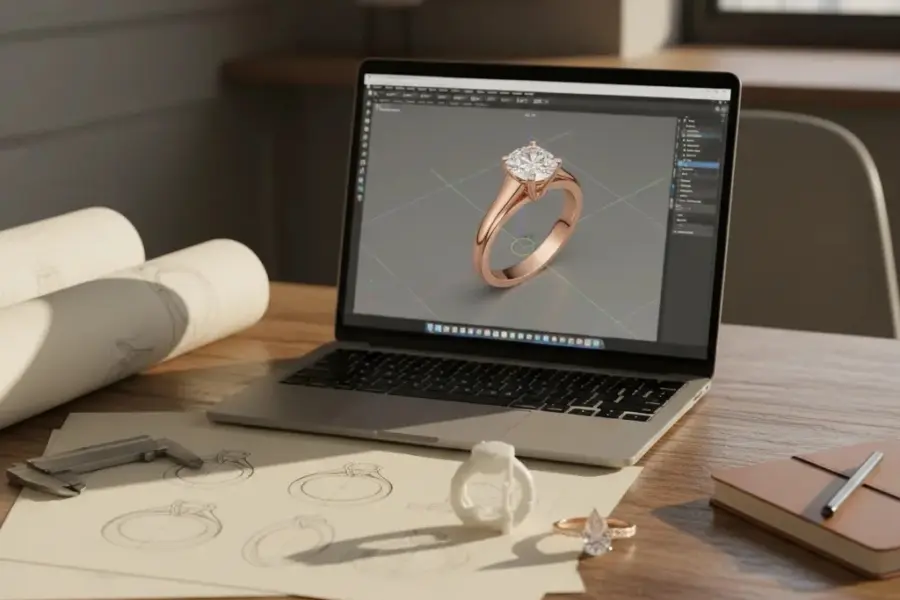 3d jewelry design course workspace showing CAD model, prototype, and finished jewelry for production workflow
