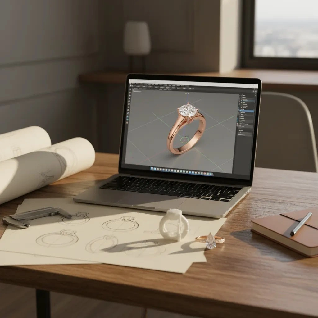 3d jewelry design course workspace showing CAD model, prototype, and finished jewelry for production workflow