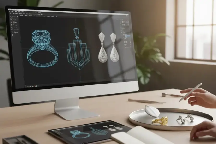 3d jewelry design for sale shown through CAD models and finished jewelry prototypes in a premium design workspace