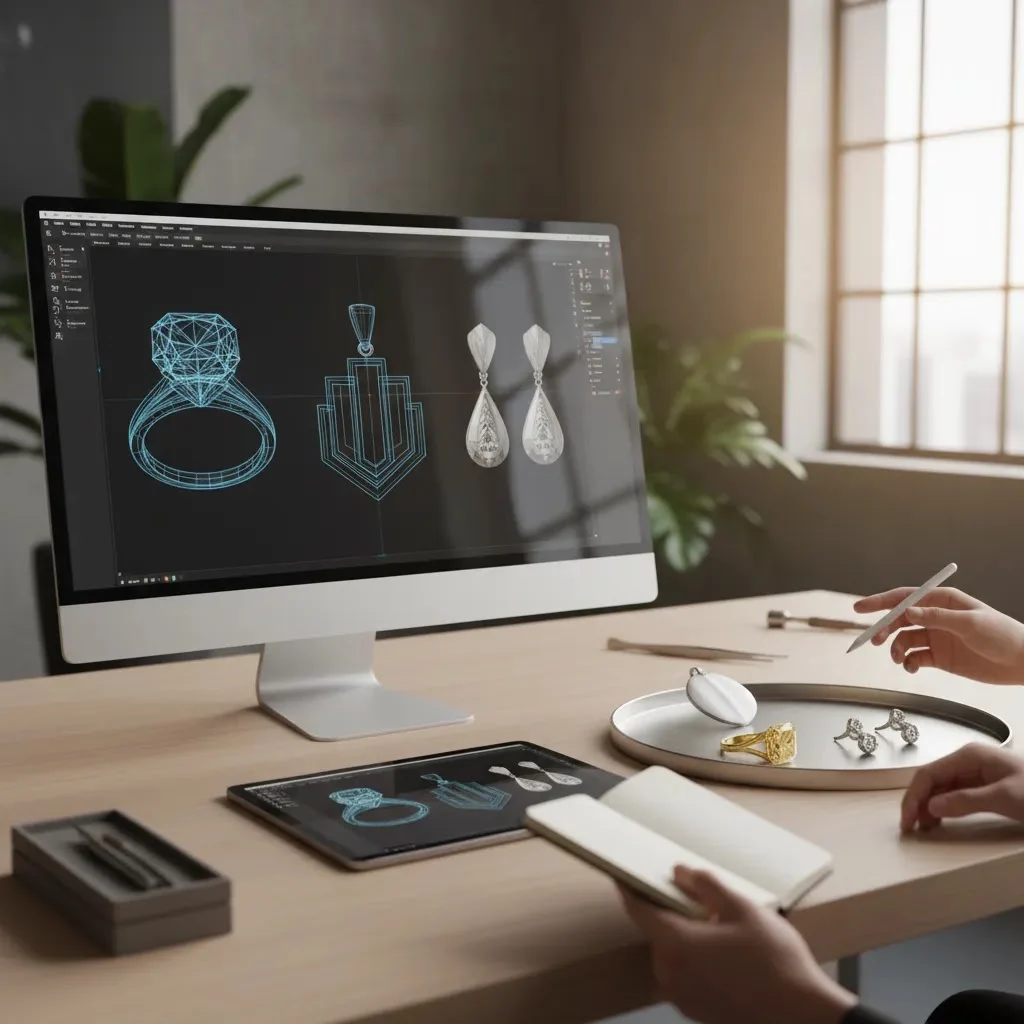 3d jewelry design for sale shown through CAD models and finished jewelry prototypes in a premium design workspace