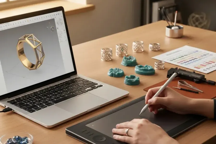 3d jewelry design jobs workspace with CAD ring model, jewelry prototype samples, and professional design tools