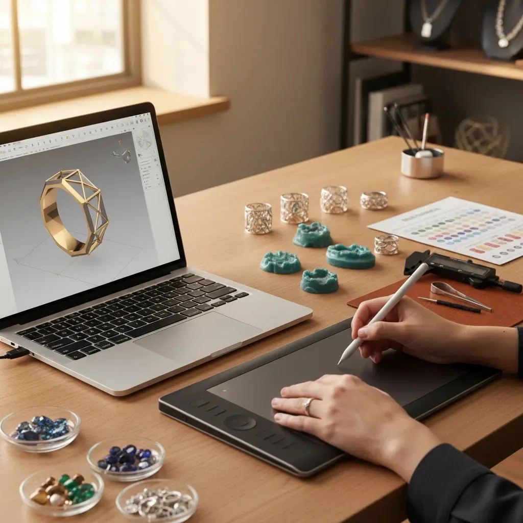 3d jewelry design jobs workspace with CAD ring model, jewelry prototype samples, and professional design tools