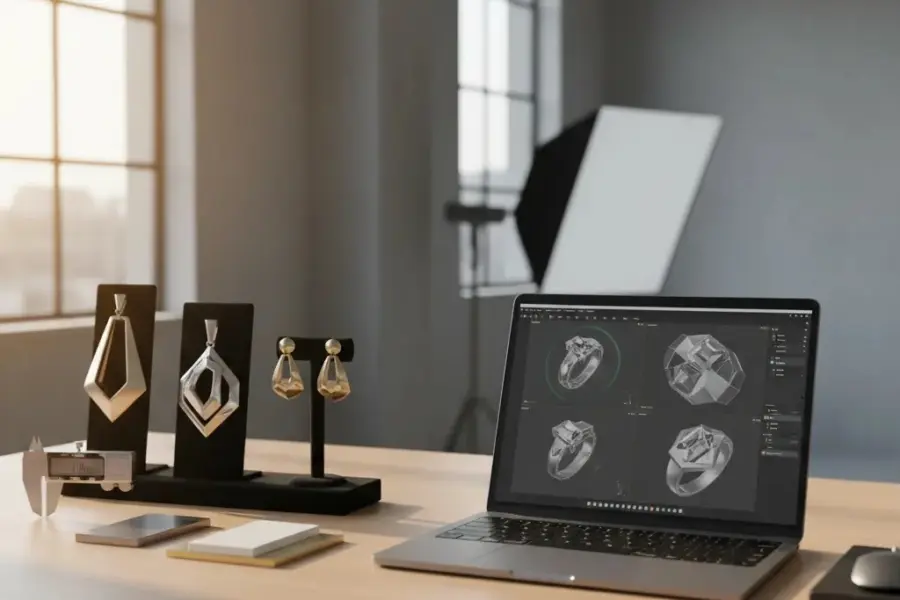3d jewelry design online free concept shown on digital devices with luxury jewelry prototypes in a professional workspace