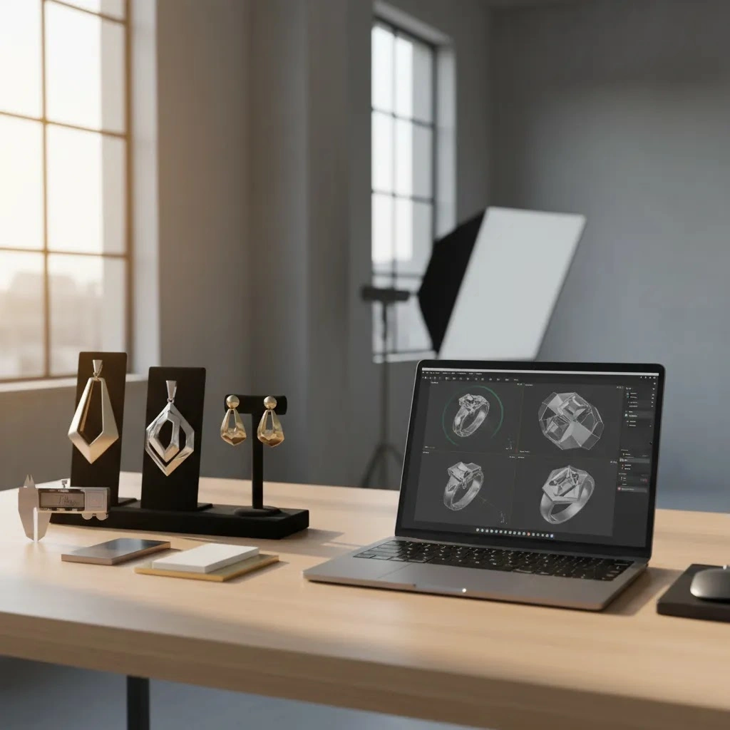 3d jewelry design online free concept shown on digital devices with luxury jewelry prototypes in a professional workspace