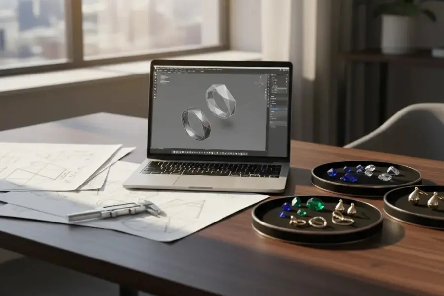 3d jewelry designer salary represented by a premium CAD jewelry design workspace with prototypes and technical tools
