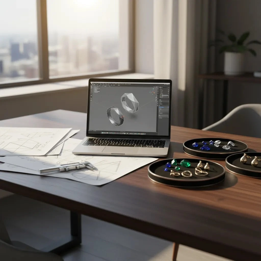 3d jewelry designer salary represented by a premium CAD jewelry design workspace with prototypes and technical tools