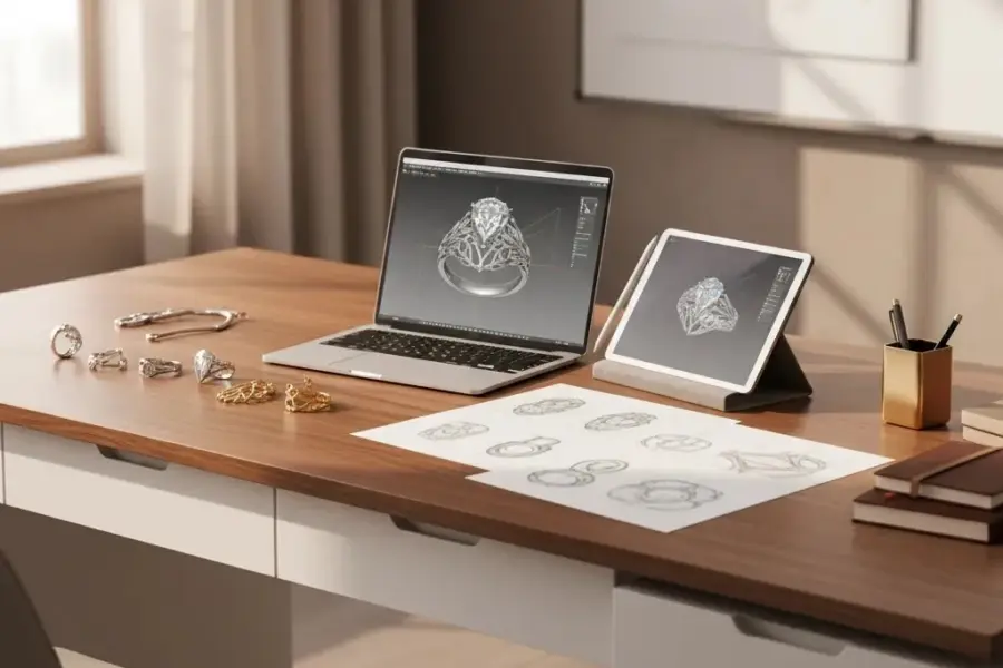 3d model salary overview with jewelry CAD workstation, ring render, and premium design tools