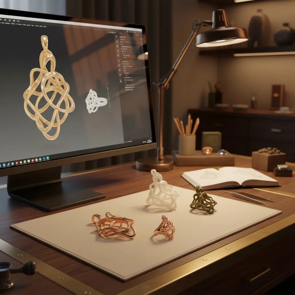 3d modeling for jewelry process showing digital design, prototype samples, and finished jewelry pieces