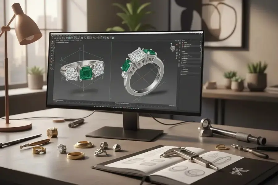 3d modeling jewelry jobs workspace with CAD ring design, sketches, and prototype jewelry in a professional studio