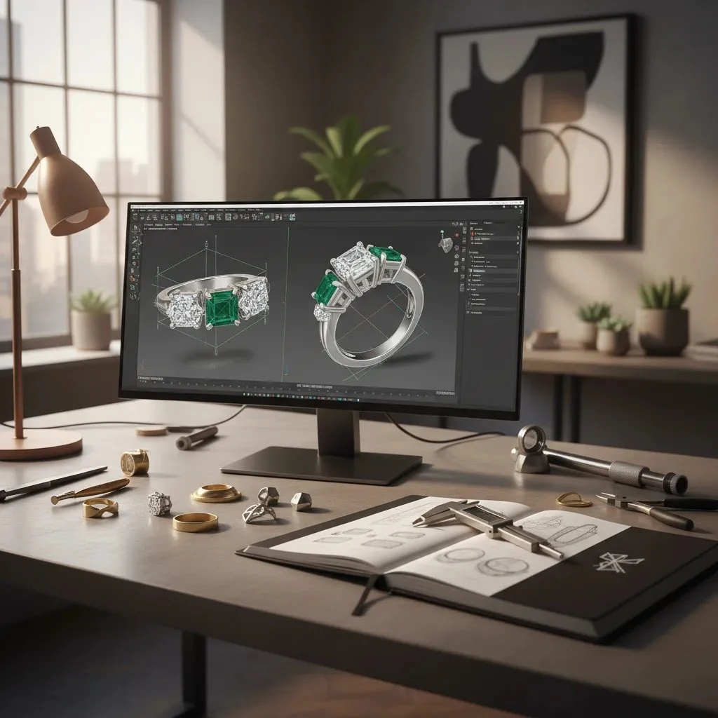 3d modeling jewelry jobs workspace with CAD ring design, sketches, and prototype jewelry in a professional studio