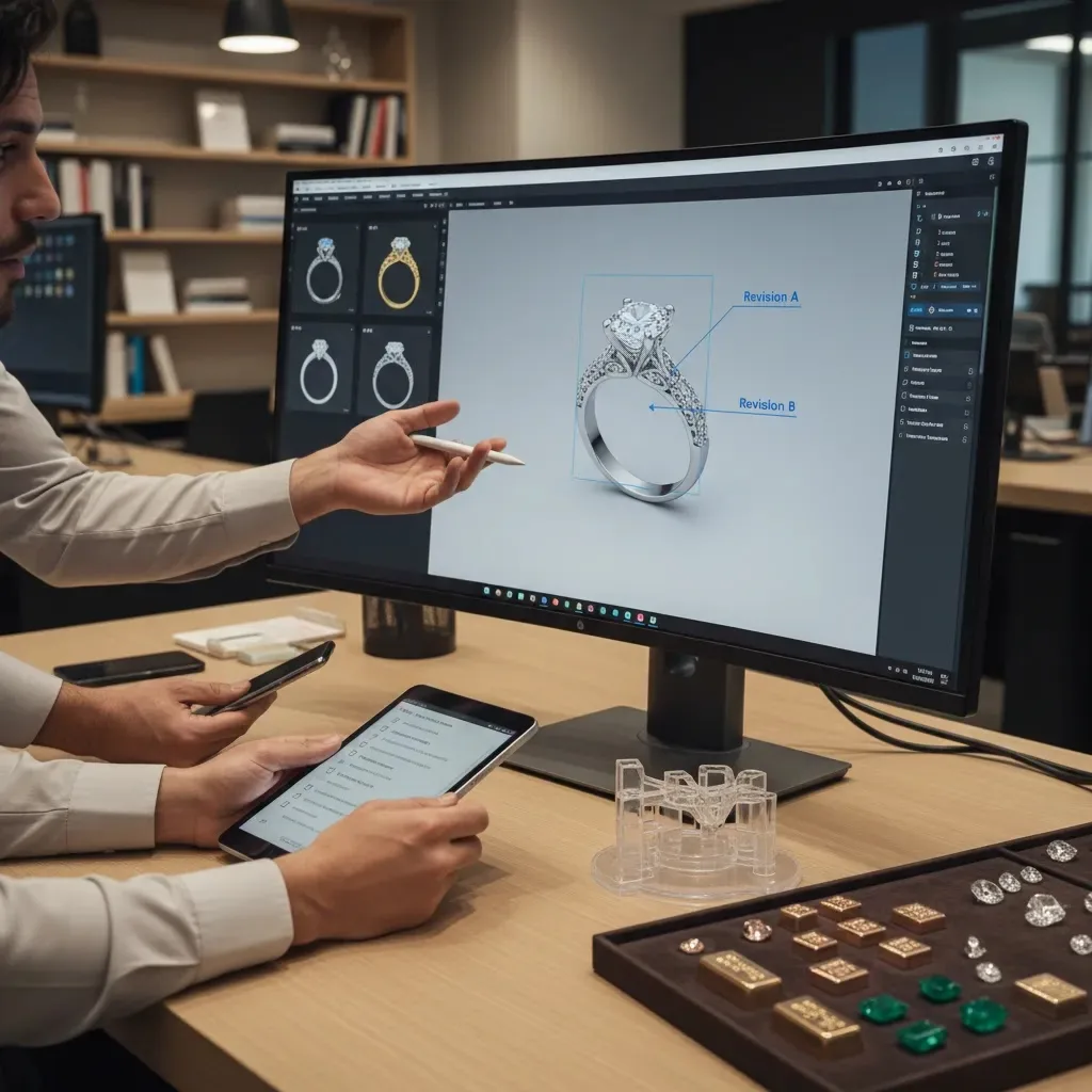 3D modeling rates jewelry consultation scene with CAD revisions, prototype review, and manufacturing-focused design approval